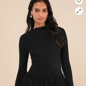 Lulu's Black Ribbed Bubble Long Sleeve Dress